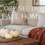Cozy living room with beige sofa, neutral pumpkins, and warm fall accents.