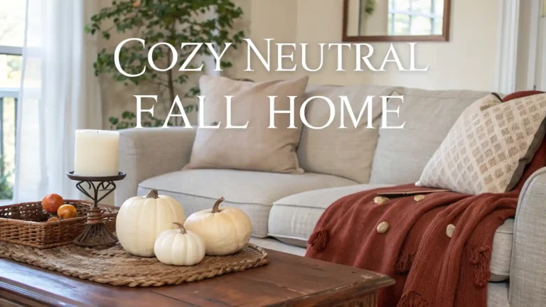Cozy living room with beige sofa, neutral pumpkins, and warm fall accents.