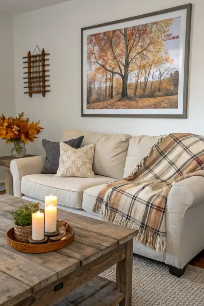 Cozy textures for fall decor: knit blanket, linen pillow, woven basket, and candle.
