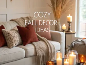 Cozy fall living room with linen sofa, rust pillows, knit throw, and amber glass candles.
