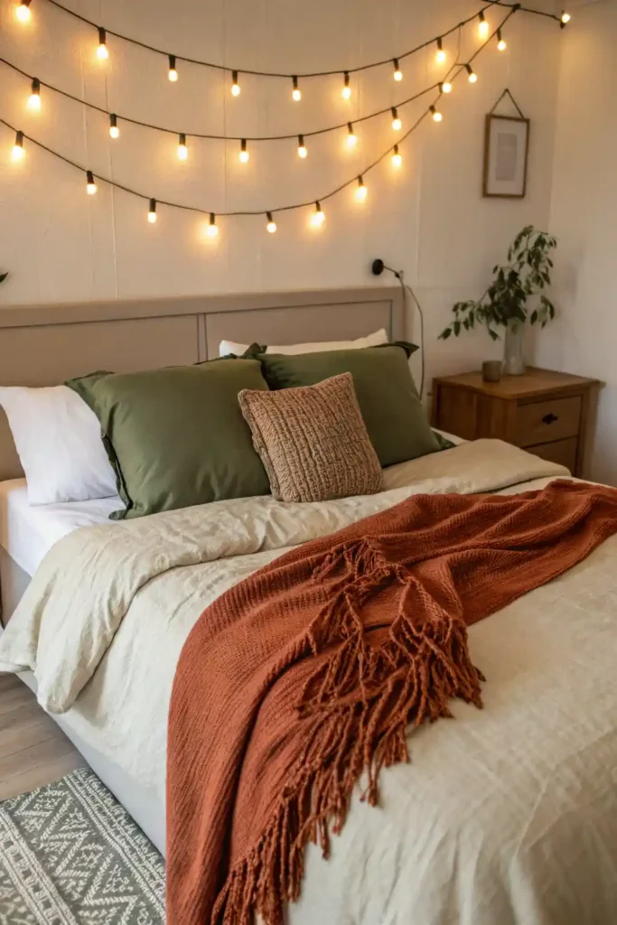 Cozy bedroom with fall bedding, rust throw, and olive pillows.