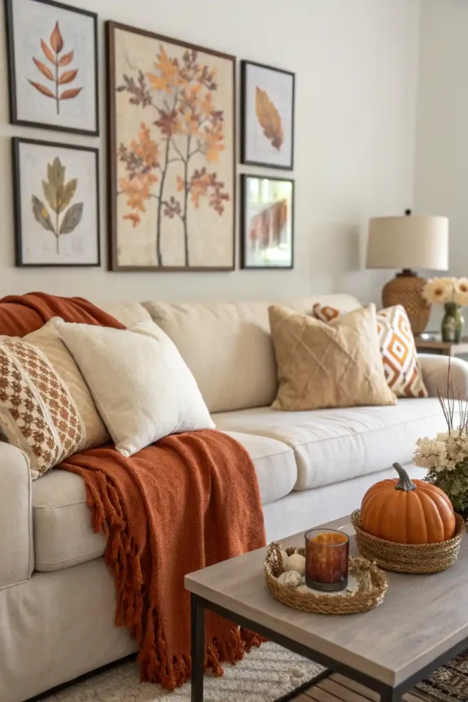 Living room with neutral fall decor and terracotta accents.