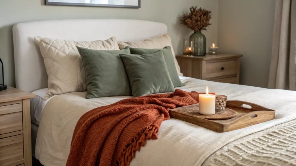 Neutral fall bedroom with layered bedding and rust throw.