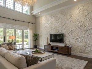 Modern plaster wall art in a minimalist living room