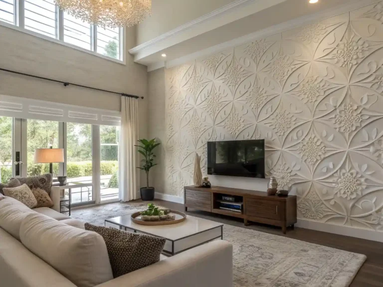 Modern plaster wall art in a minimalist living room