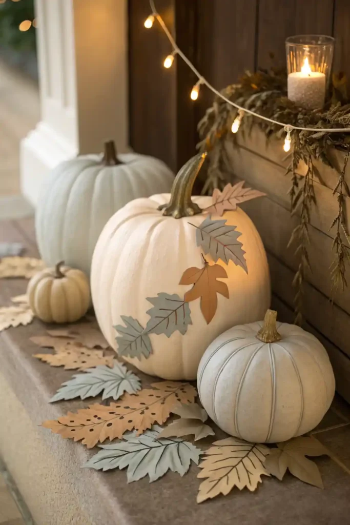 DIY fall decor with neutral painted pumpkins and handmade garland.
