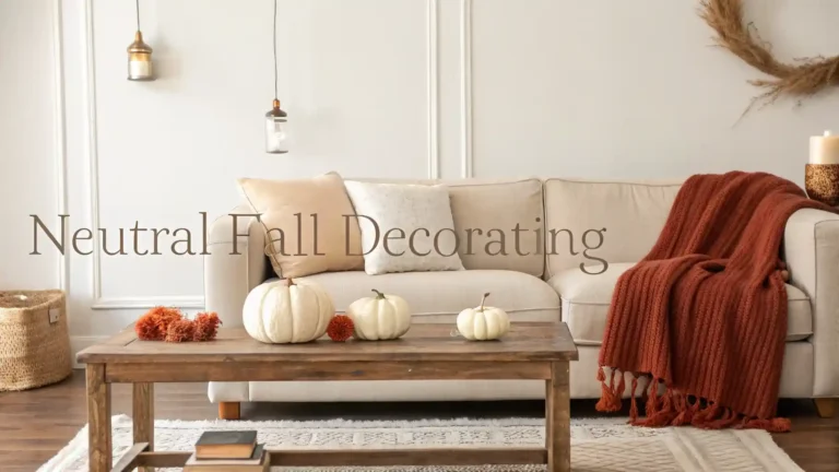 Cozy neutral fall living room with beige sofa, pumpkins, and soft lighting.