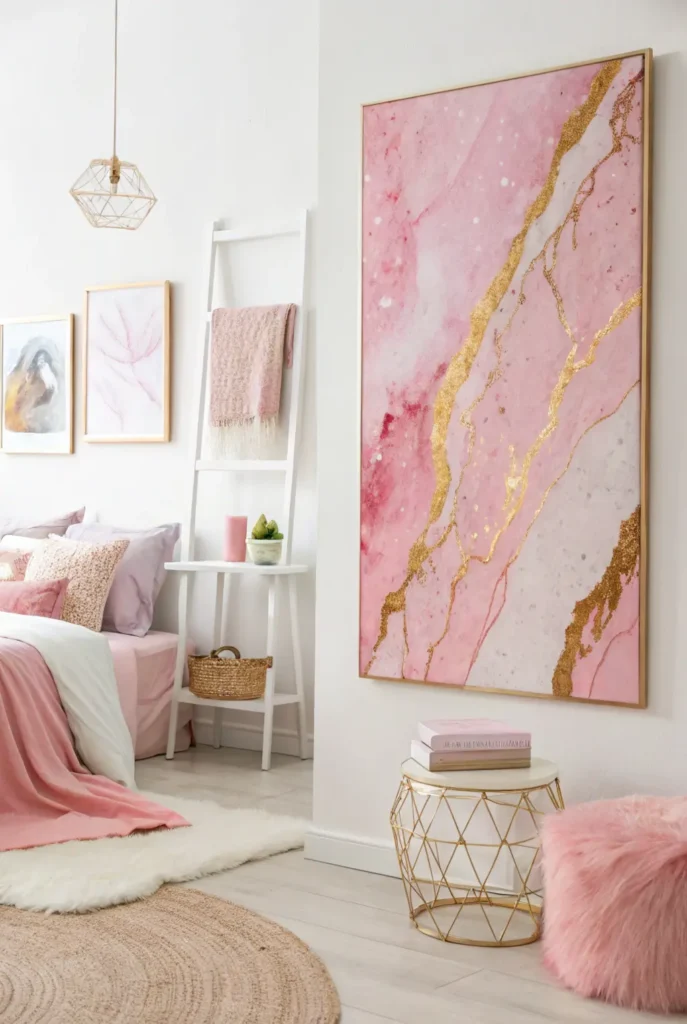 Abstract pink wall art with gold accents in minimalist bedroom
