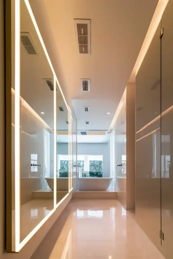 Bright modern bathroom with LED lighting and efficient ventilation.