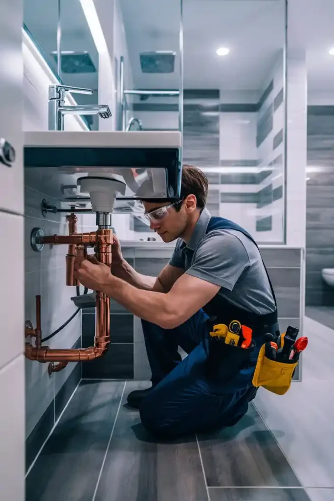 Plumber upgrading bathroom pipes during a remodel.