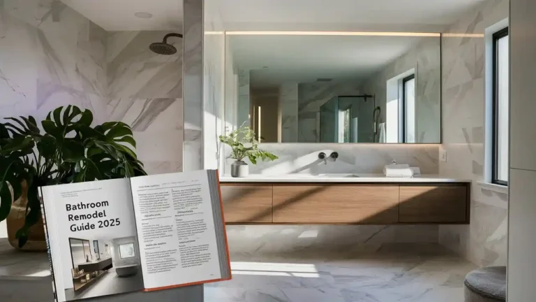 Modern bathroom remodel featuring marble tiles and wooden vanity.