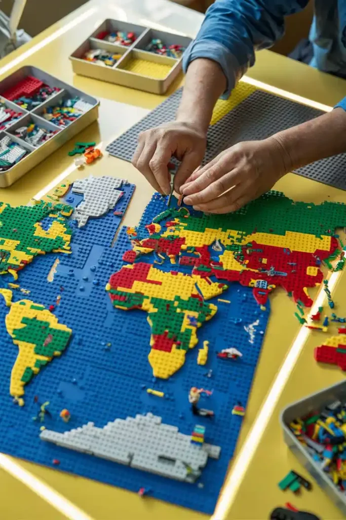 Assembling a Lego world map on a tabletop