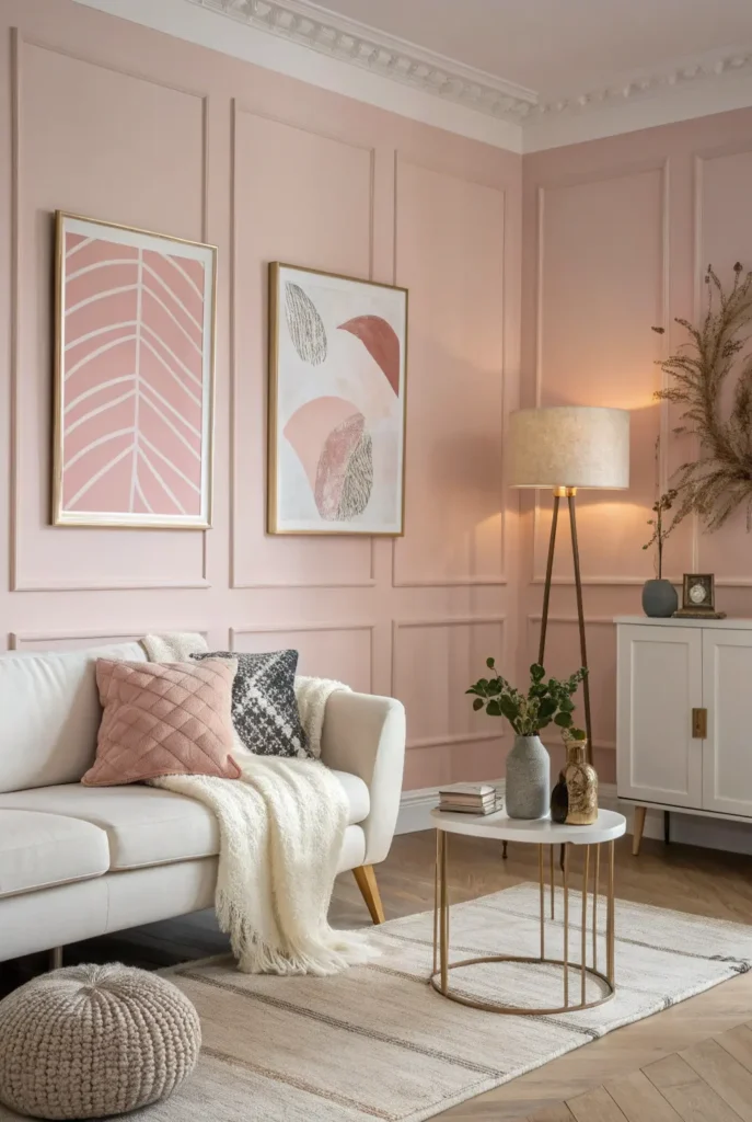 Large modern pink wall art in minimalist living room interior