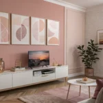 Modern living room with elegant pink background wall art in soft blush tones