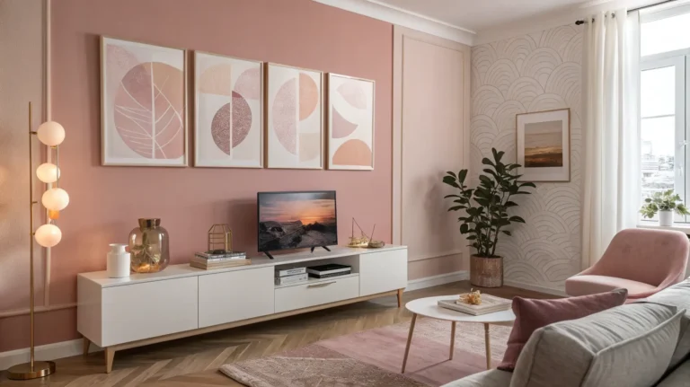 Modern living room with elegant pink background wall art in soft blush tones