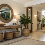 Modern minimalist entryway ideas with bench, plants, and mirror for a stylish home entrance