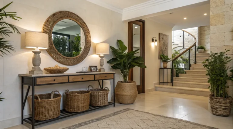Modern minimalist entryway ideas with bench, plants, and mirror for a stylish home entrance