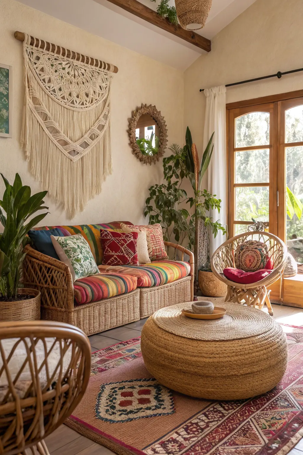bohemian-inspired-living-room-with-woven-textures- (1) Boho home decor ideas with natural materials and earthy tones.