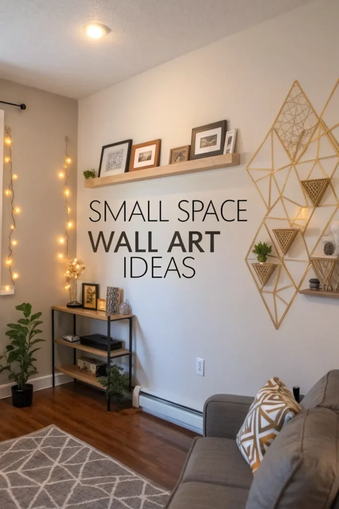 Multifunctional wall decor with shelves and art in a small apartment