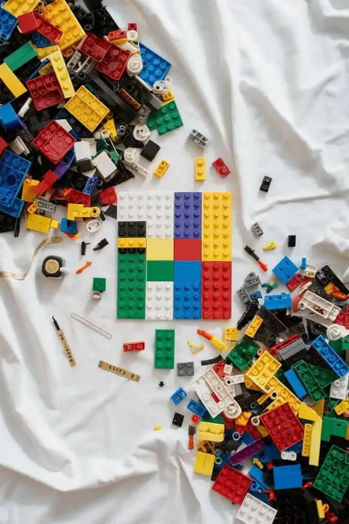 Lego baseplates and bricks with tools for DIY wall art project.