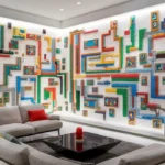 DIY Lego wall art in a modern living room with colorful mosaic design.