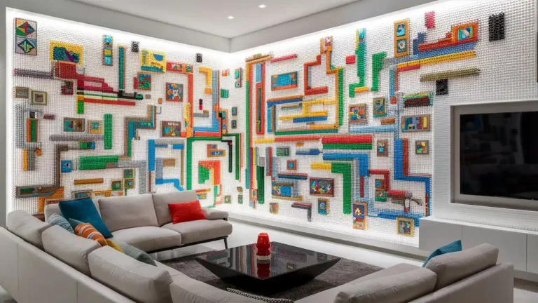 DIY Lego wall art in a modern living room with colorful mosaic design.