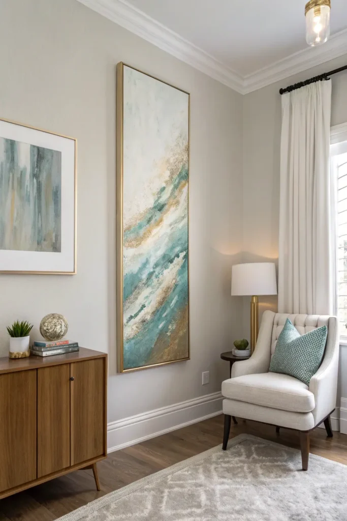 Vertical art pieces adding height to a small modern room