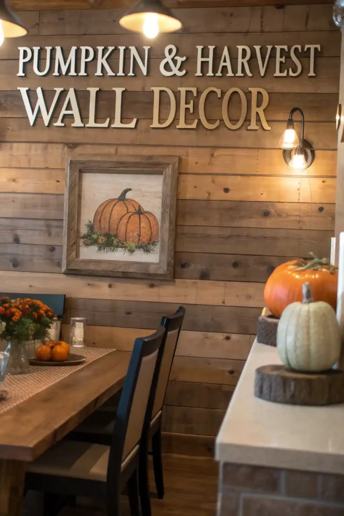 Pumpkin and harvest-themed fall wall art in rustic interior