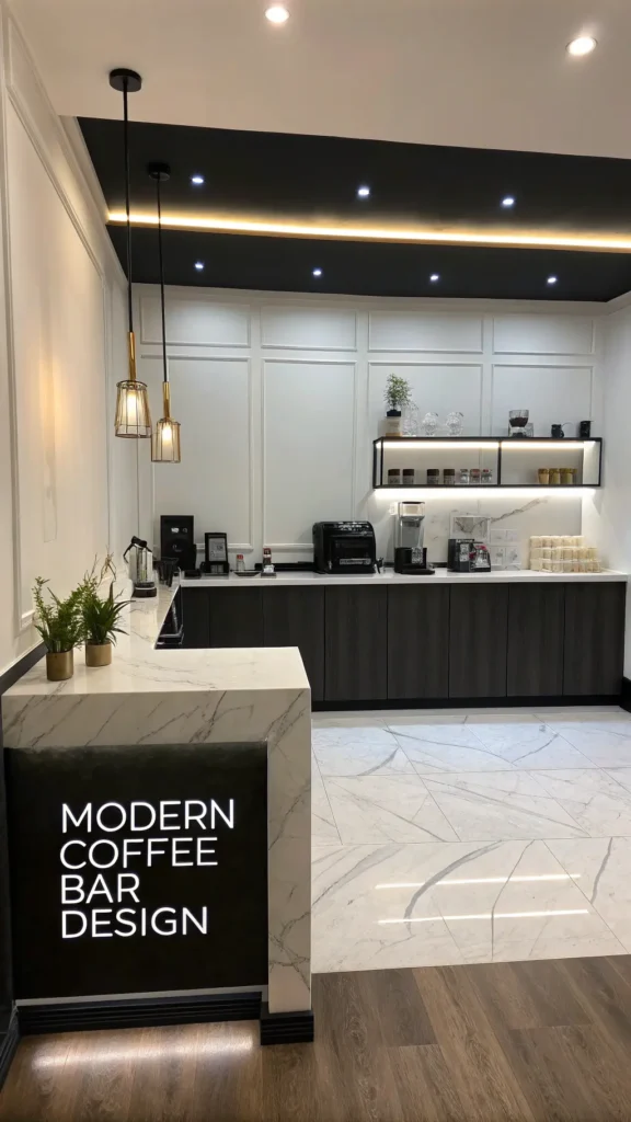 Modern coffee bar with black metal and marble details.