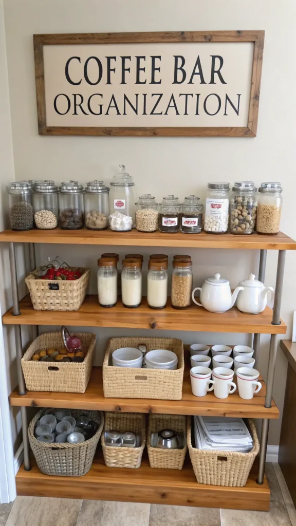 Organized coffee bar with labeled jars and wooden shelves.