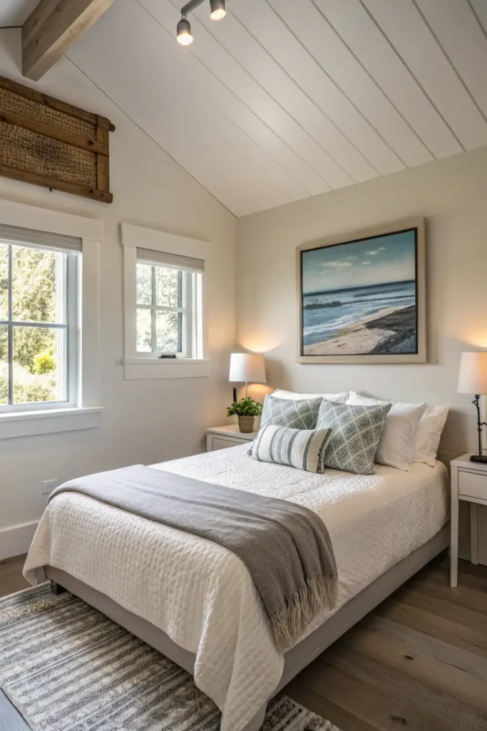 Bedroom with small wall art above bed in minimalist design