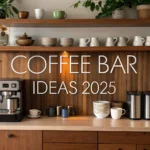 Modern home coffee bar setup with wooden shelves and cozy lighting.