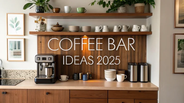 Modern home coffee bar setup with wooden shelves and cozy lighting.