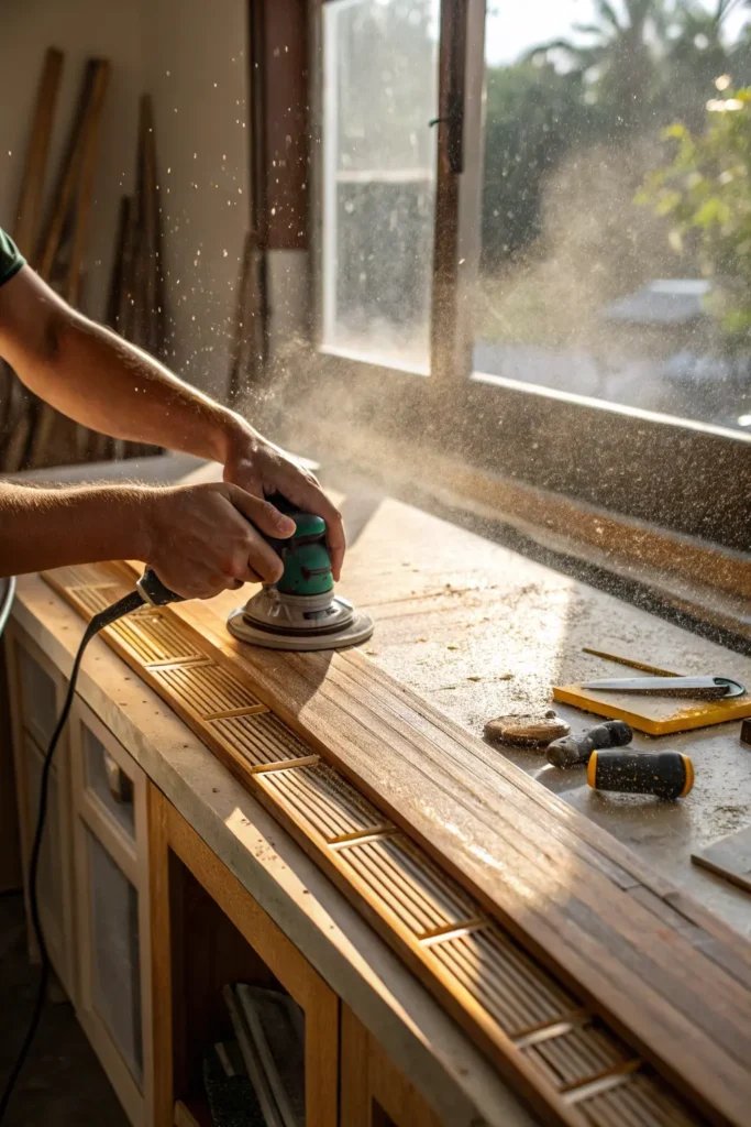 Hands installing a reclaimed wood cabinet panel under natural daylight.