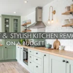 Modern kitchen remodel on a budget with green cabinets, open shelving, and cozy lighting.