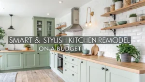 Modern kitchen remodel on a budget with green cabinets, open shelving, and cozy lighting.