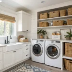 Organized modern laundry room with shelves and baskets.