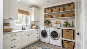 Organized modern laundry room with shelves and baskets.