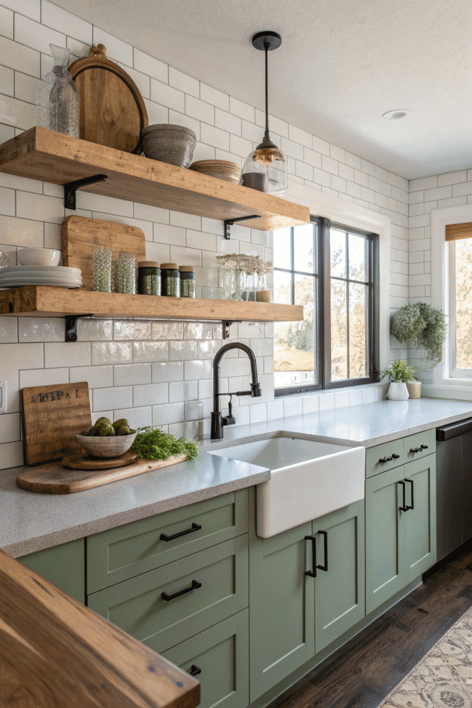 Modern kitchen with reclaimed wood shelves, quartz countertop, and sage green cabinets.