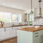 Modern small kitchen remodel with white cabinets and wood accents.