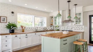 Modern small kitchen remodel with white cabinets and wood accents.