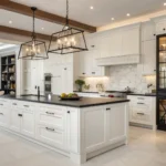 Modern kitchen remodel design with white cabinetry, quartz countertops, and pendant lights