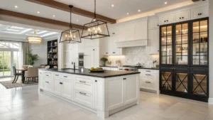 Modern kitchen remodel design with white cabinetry, quartz countertops, and pendant lights