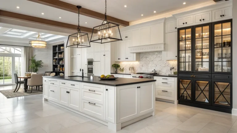 Modern kitchen remodel design with white cabinetry, quartz countertops, and pendant lights
