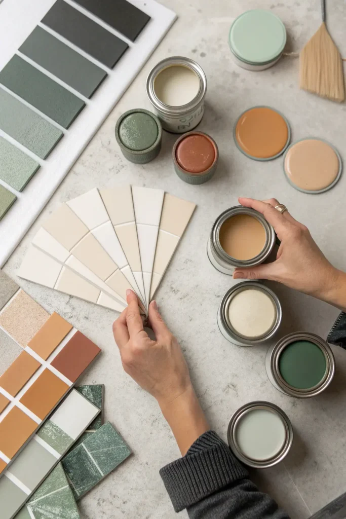 Paint and tile samples in sage green, terracotta, beige, and matte black on a countertop.