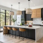 Modern kitchen remodel ideas for 2025 featuring minimalist black cabinetry, wood details, and marble surfaces.