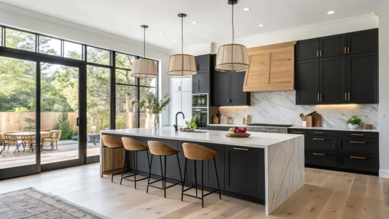 Modern kitchen remodel ideas for 2025 featuring minimalist black cabinetry, wood details, and marble surfaces.