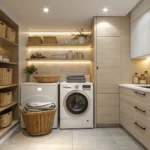Modern small laundry room with stacked washer and dryer, floating shelves, and stylish storage