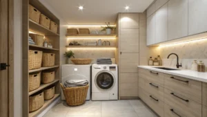 Modern small laundry room with stacked washer and dryer, floating shelves, and stylish storage