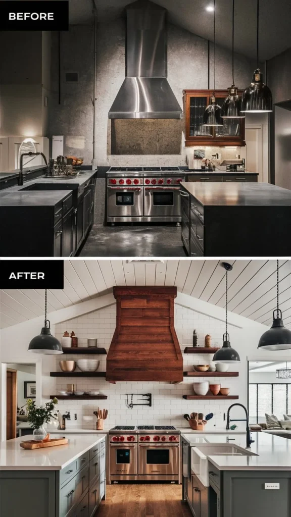 before and after DIY range hood cover kitchen upgrade